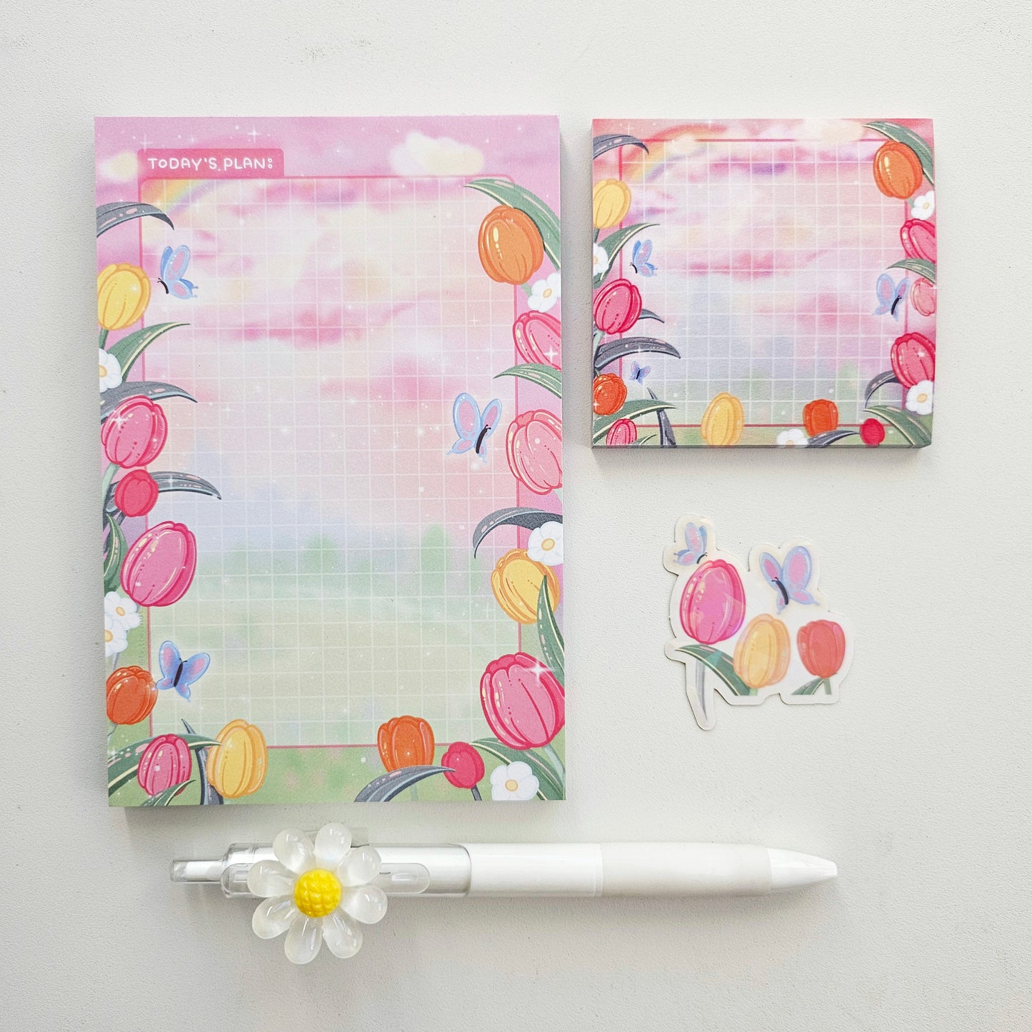 Stationary Set Tulip Garden Note Pad Sticky Note Sticker Pen Set