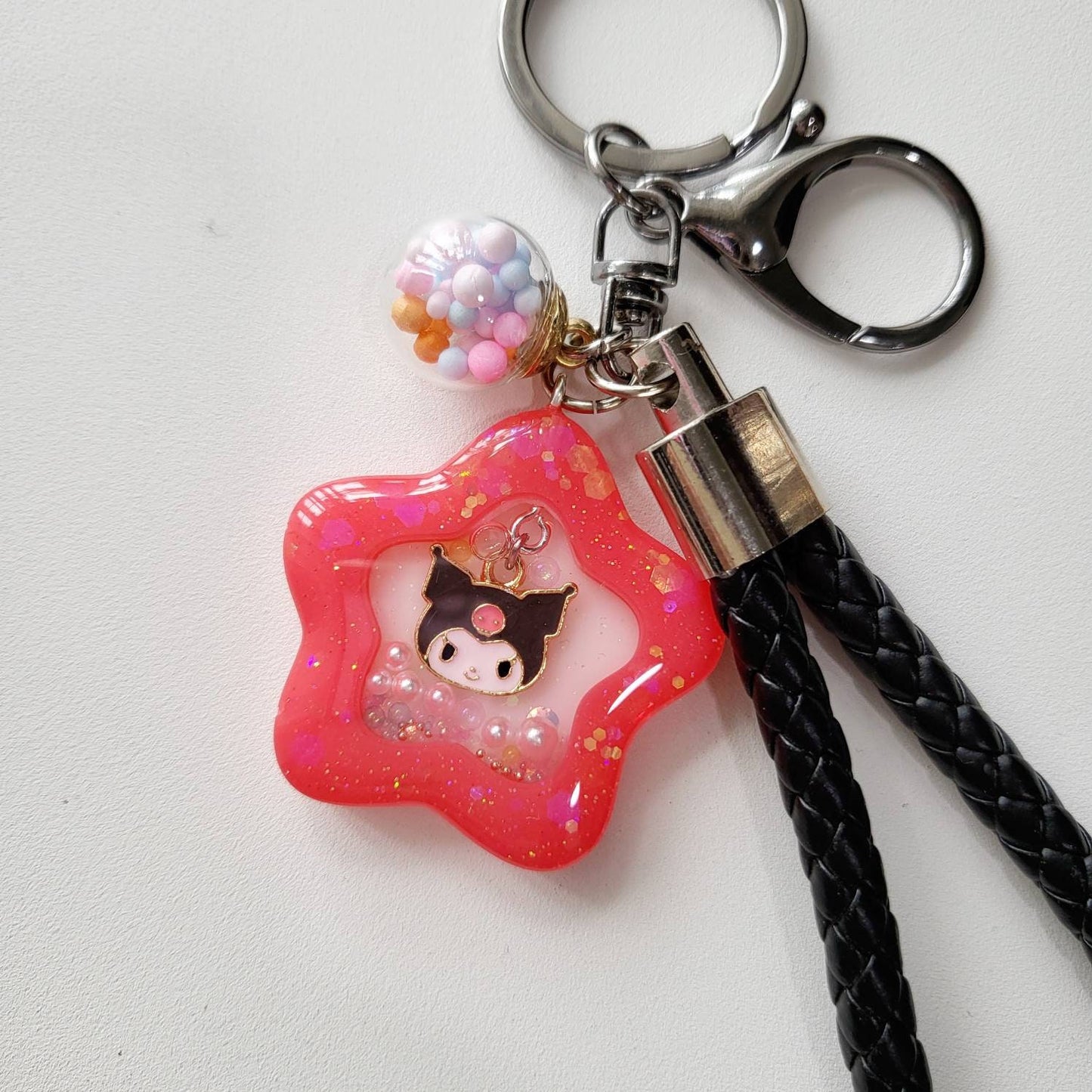 SG Kawaii Custom Handmade Resin Star Water Shaker Keychain with Leather Strap