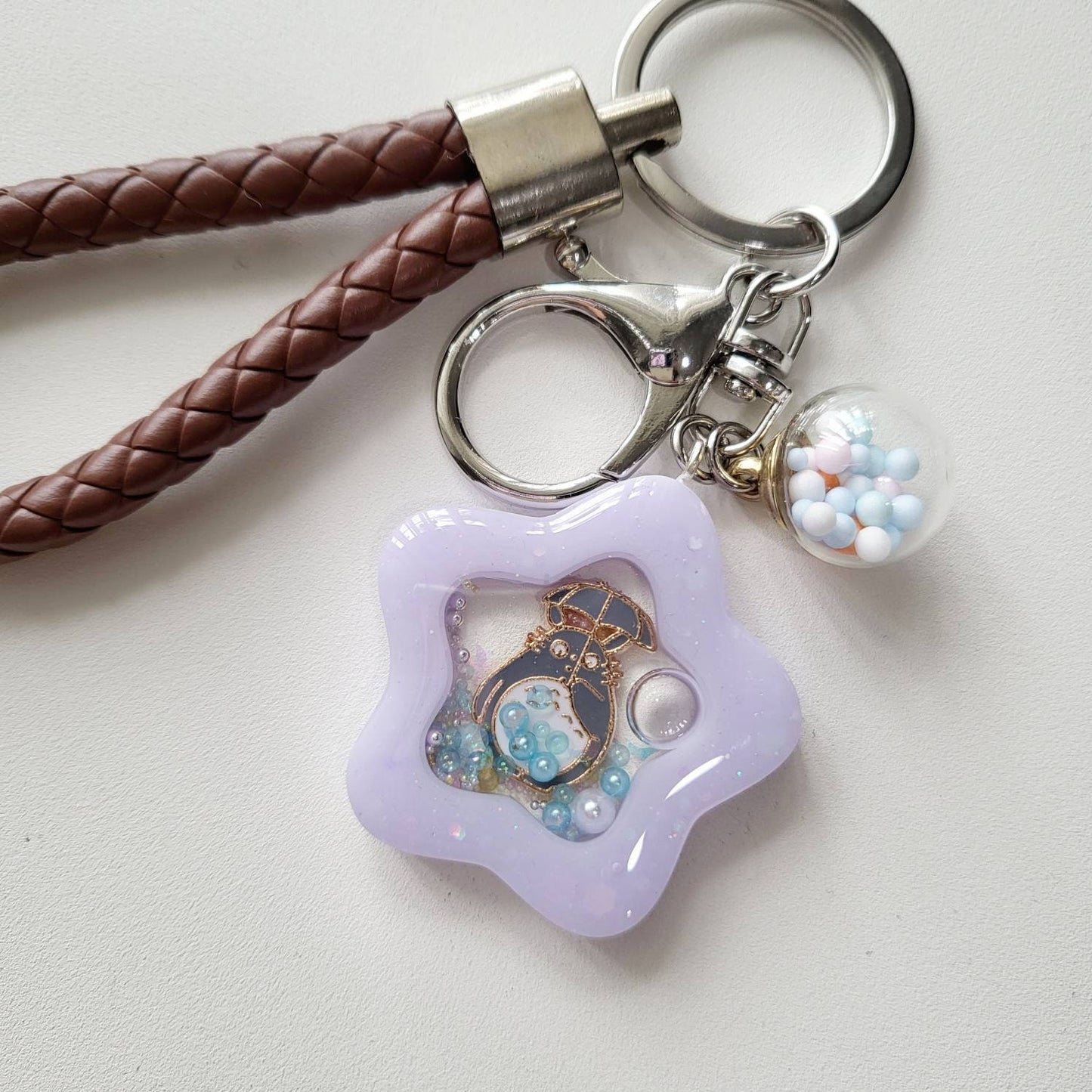 SG Kawaii Custom Handmade Resin Star Water Shaker Keychain with Leather Strap