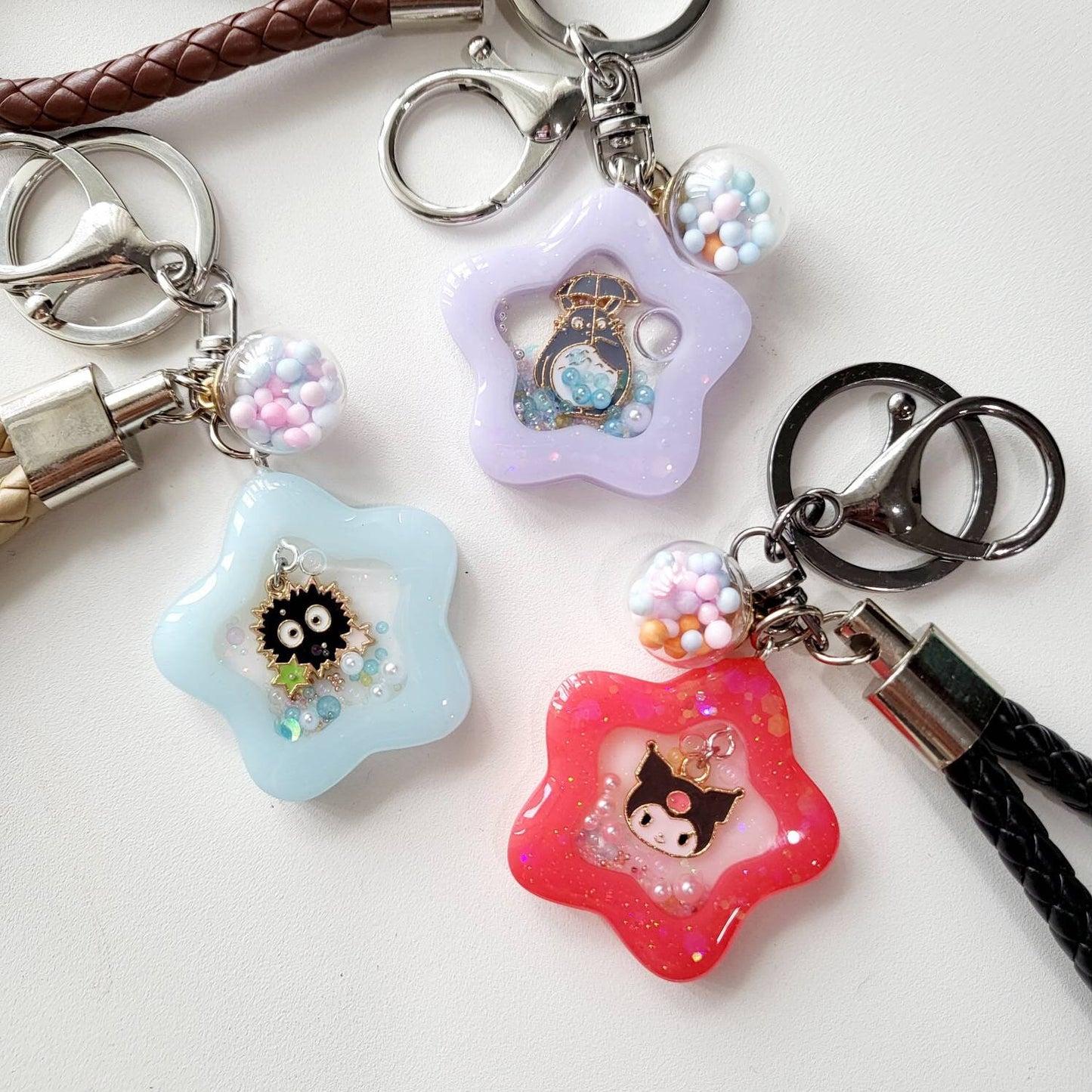 SG Kawaii Custom Handmade Resin Star Water Shaker Keychain with Leather Strap