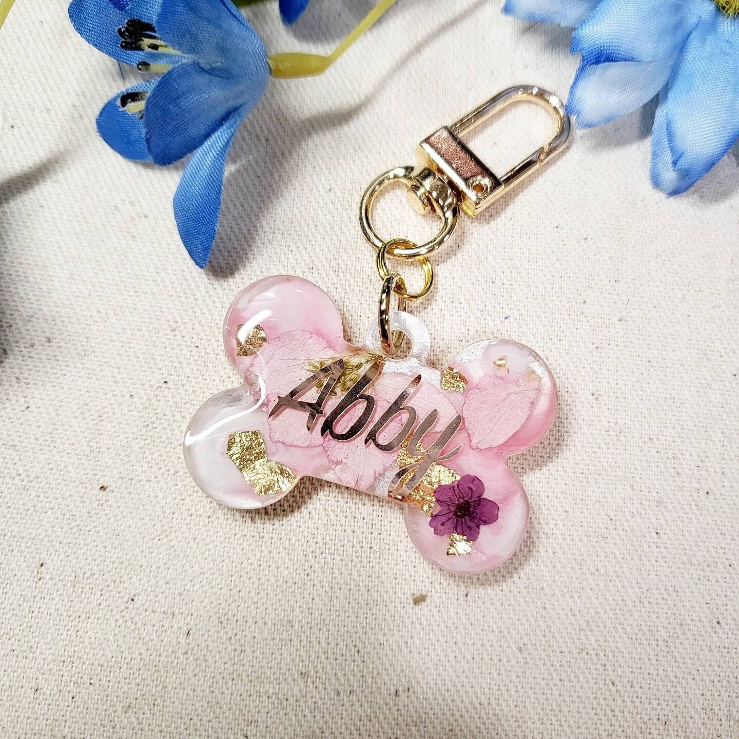 MS Custom Handmade Resin Flower Petals Dog Name Tag ID Collar Tag