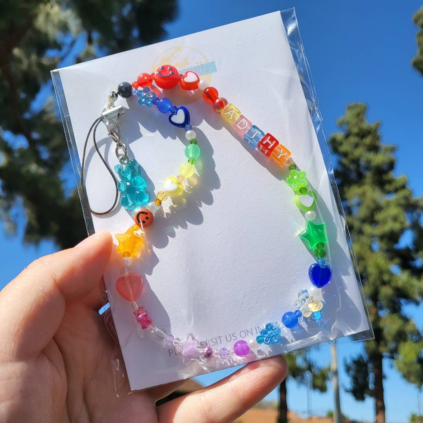 PC Rainbow Kitsche Beads Colorful Phone Case Strap Chains with Gummy Bear Charm