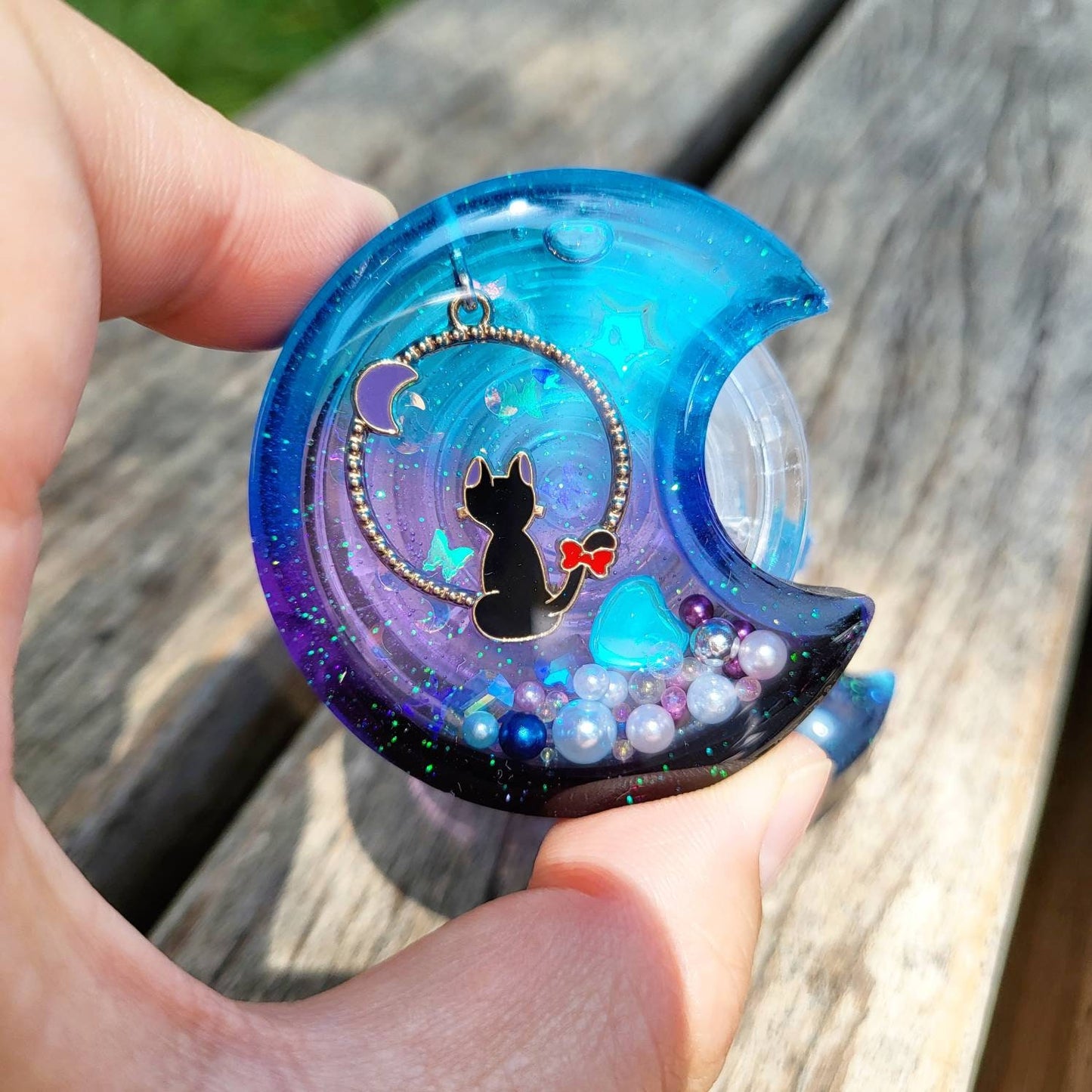 SG Kawaii Witch and Black Cat Handmade Resin Shaker Keychain Charms Badge Reels