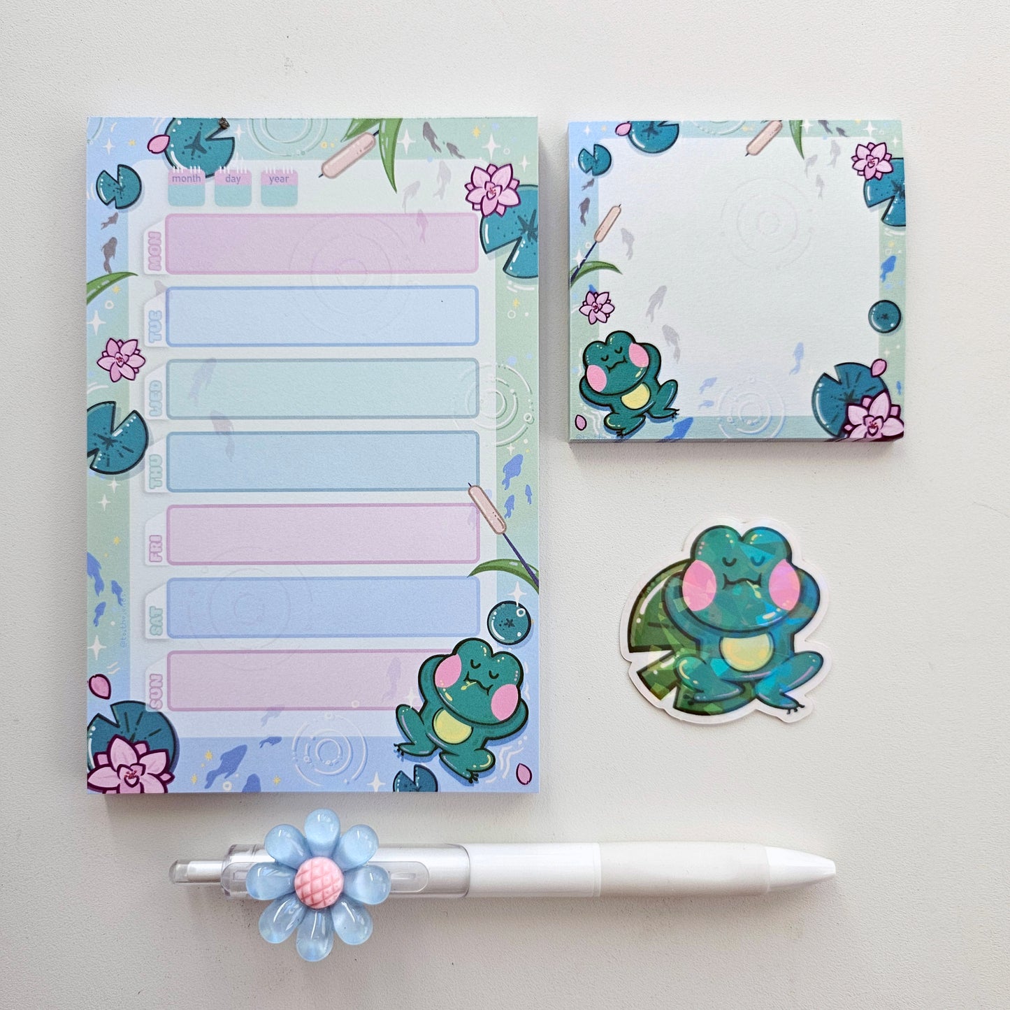 Stationary Set Lotus Pond with Frog Note Pad Sticky Note Sticker Pen Set