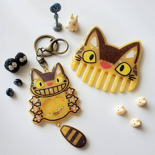 SG Bus Cat inspired Handmade resin shaker keychain and hair comb